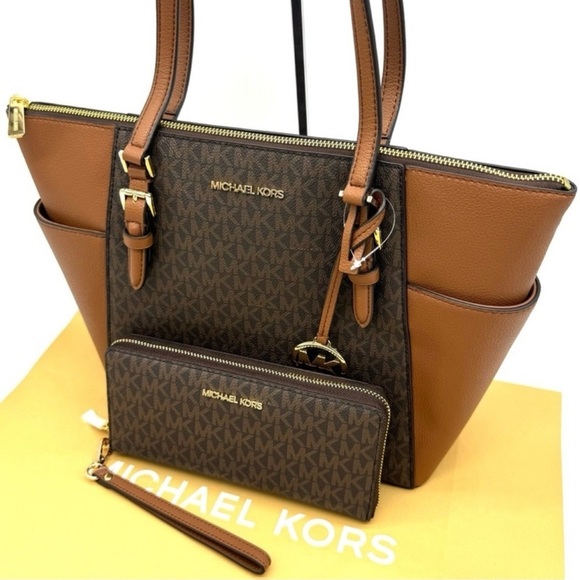 Michael Kors Large Charlotte Tote Bag & Continental Wallet Luggage Brown - Picture 9 of 13